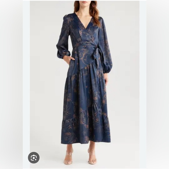 NWT Ciebon Lilian Long Sleeve Satin Wrap Maxi Dress - size small - Picture 1 of 8